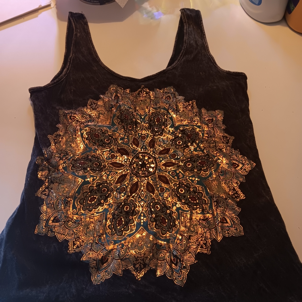Maurices Black Tank Top with Gold Mandala Design